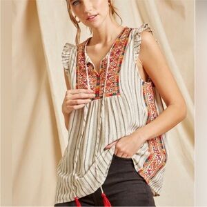 Savanna Jane Linen Blend Embroidered Detail Sleeveless Boho Top